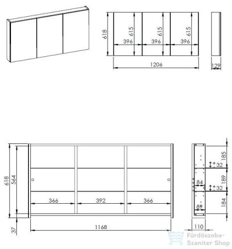 AREZZO design BASIC Tükrös szekrény 120 cm, 3 ajtó AR-904656
