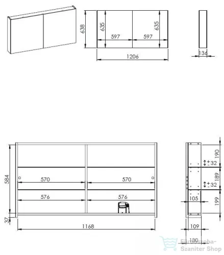 AREZZO design MEDIUM Tükrös szekrény 120 cm, 2 ajtó+technobox AR-904660