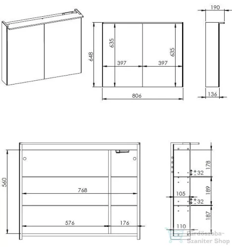 AREZZO design PREMIUM Tükrös szekrény 80 cm, 2 ajtó, technobox, LED lámpa panel AR-904664