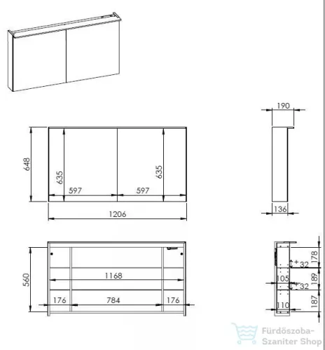 AREZZO design PREMIUM Tükrös szekrény 120 cm, 2 ajtó, technobox, LED lámpa panel AR-904666