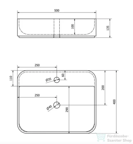 Sapho GARDA pultra szerelhető kerámiamosdó, túlfolyó nélkül, 50x13,5x40cm (AR452)