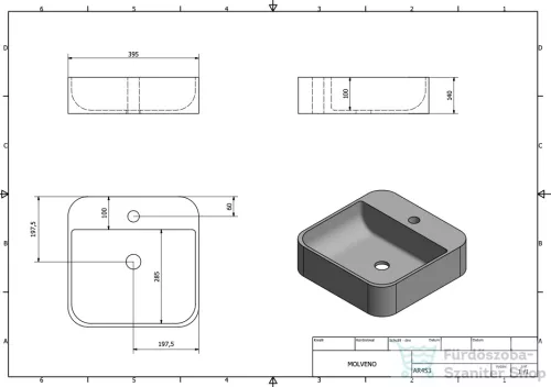 Sapho MOLVENO pultra szerelhető kerámiamosdó, túlfolyó nélkül, 38,5x14x38,5cm (AR453)