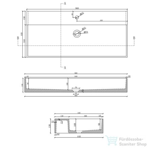 Sapho QUADRADO beton mosdó lefolyóval, 96x44cm, fehér homokkő (AR467)