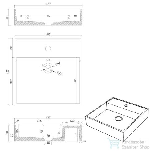 Sapho QUADRADO beton mosdó lefolyóval, 46x46cm, szürke gránit (AR468)