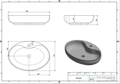 Sapho MARIANA pultra szerelhető kerámiamosdó, túlfolyó nélkül, 57x14,5x41cm (AR483)