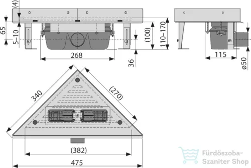 Alcaplast ARZ1 sarokba építhető, perem nélküli zuhanyfolyóka,475x340 mm ARZ1