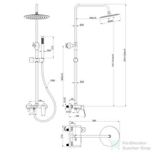 Invena ALONIA esőztető zuhanyrendszer csapteleppel, PVD fényes fekete AU-70-D04-V