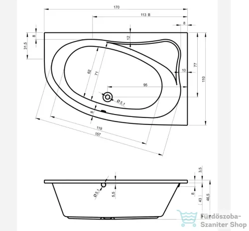 Riho Aryl 170x110 aszimmetrikus sarokkád balos