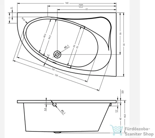 Riho Aryl 140x90 aszimmetrikus sarokkád balos