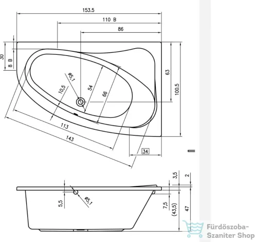 Riho Aryl 153x100 aszimmetrikus sarokkád balos