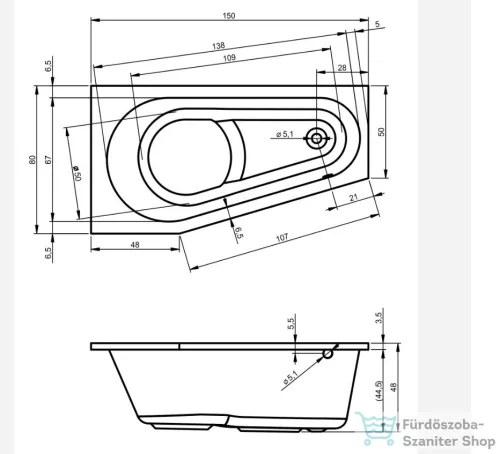 Riho Delta 150x80 aszimmetrikus sarokkád jobbos