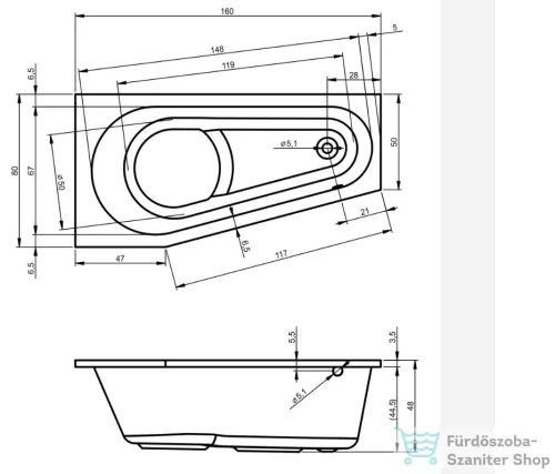 Riho Delta 160x80 aszimmetrikus sarokkád jobbos