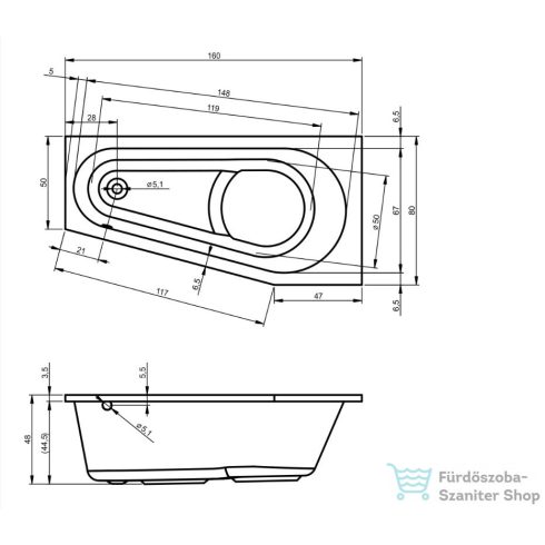 Riho Delta 160x80 aszimmetrikus sarokkád balos