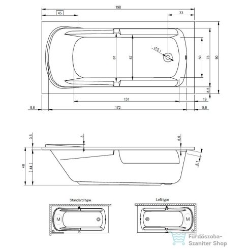 RIHO FUTURE 190 XL egyenes akril fürdőkád