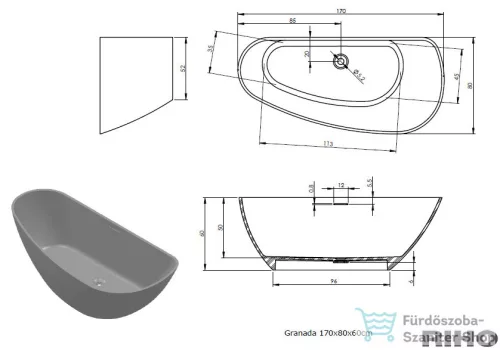 RIHO SOLID SURFACE GRANADA 170X80 Szabadon Álló Kád