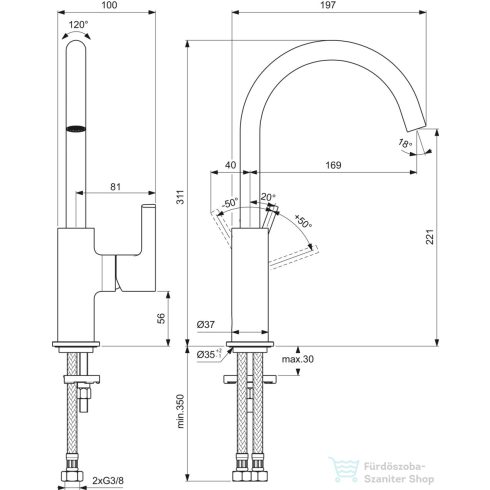 Ideal Standard JOY magasított mosdó csaptelep leeresztő nélkül,Silver storm BC778GN