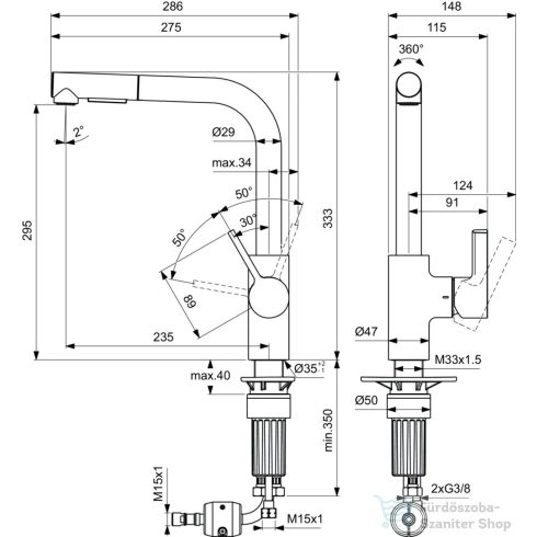 Ideal Standard GUSTO kihúzható fejes,2 funkciós mosogató csaptelep,Brushed gold BD420A2