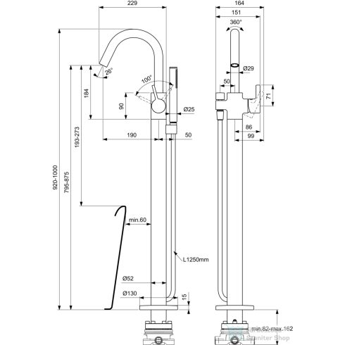 Ideal Standard JOY szabadonálló kádtöltő csaptelep zuhanyszettel,alaptest nélkül,Króm BD461AA