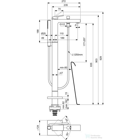 Ideal Standard EXTRA szabadonálló kádtöltő csaptelep zuhanyszettel,alaptest nélkül,Brushed gold BD520A2