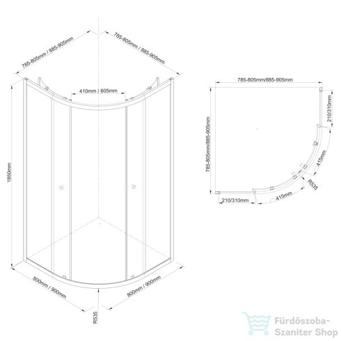 AQUALINE ARLETA BLACK íves zuhanykabin, 800x800mm, matt fekete profil/transzparent üveg (BLS800)