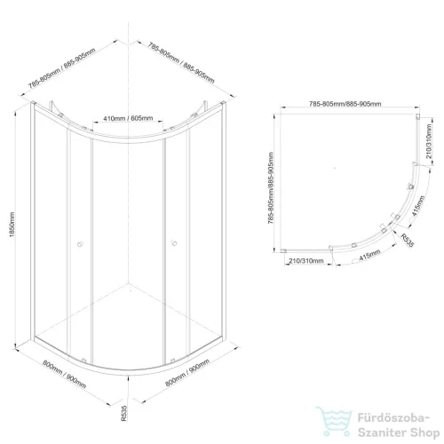 AQUALINE ARLETA BLACK íves zuhanykabin, 800x800mm, matt fekete profil/transzparent üveg (BLS800)