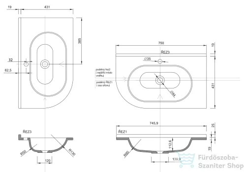 Sapho PULSE Öntöttmárvány mosdó 750x44x450mm, jobb BM658
