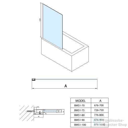Sapho POLYSAN MODULAR SHOWER kádparaván, 900x1500mm, transzparent üveg (BMS1-90)