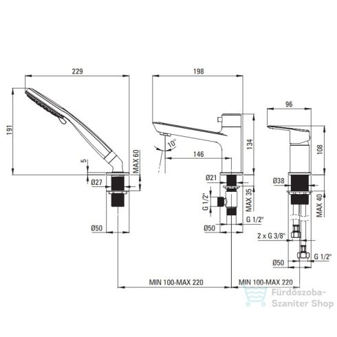 Deante ARNIKA 3-lyukú kádtöltő csaptelep, zuhanyszettel, fekete BQA_N13M