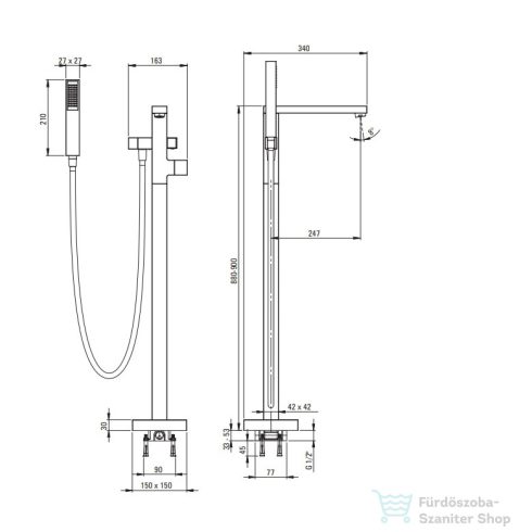 Deante BLUR szabadonálló kádtöltő csaptelep zuhanyszettel, króm BQL_017M