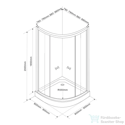 AQUALINE ARLEN íves zuhanykabin, 80x80x185cm, R55, fehér, BRICK üveg (YR800 helyett) BTR800