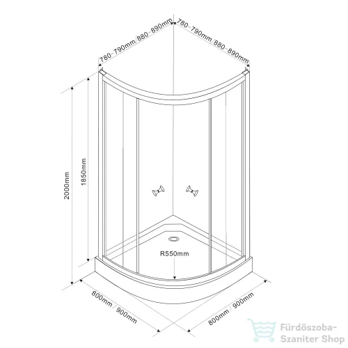 AQUALINE ARLEN íves zuhanykabin, 90x90X185cm, fehér, BRICK üveg (YR900 helyett) BTR900