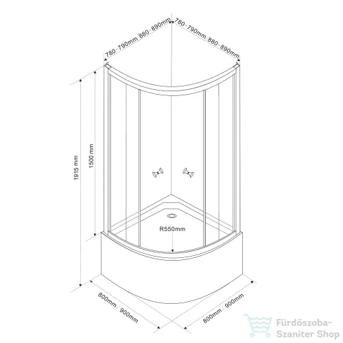 AQUALINE ARLEN íves zuhanykabin, 90x90x150cm, fehér profil, matt BRICK üveg (E93 helyett) BTR903