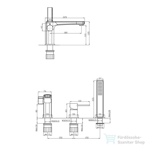 Invena GLAMOUR 3 üléses kádtöltő csaptelep zuhanyszettel,arany BW-02-S09-V