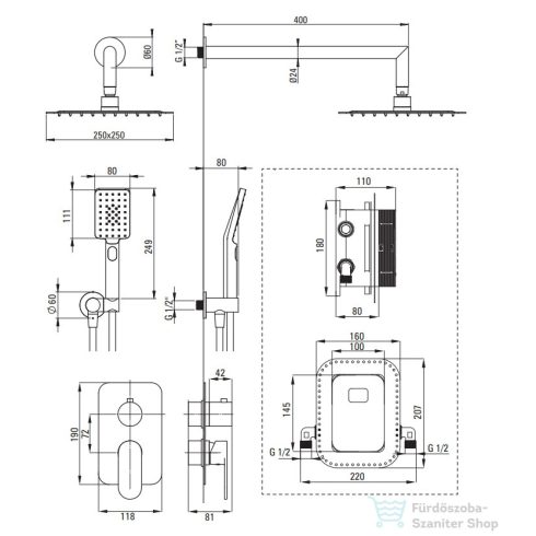 Deante ALPINIA falsík alatti zuhanyszett, keverő BOX-al és esőztetővel, fekete BXYZNGAM