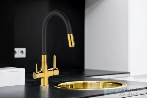 Invena GLAMOUR konyhai csaptelep, álló, flexibilis kifolyóval, pult alá szerelhető vízszűrővel, fekete-arany  BZ-02-F09-V