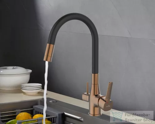 Invena GLAMOUR konyhai csaptelep, álló, flexibilis kifolyóval, pult alá szerelhető vízszűrővel, fekete-réz BZ-02-F15-V
