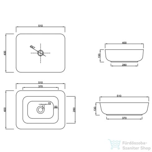 Invena ATE 51x40 cm-es pultra ültethető mosdó csaplyuk nélkül,fehér CE-16-001-C