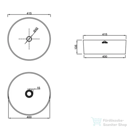 Invena KOS 41,5 cm-es pultra ültethető mosdó csaplyuk nélkül,fényes fekete/arany CE-38-027-C