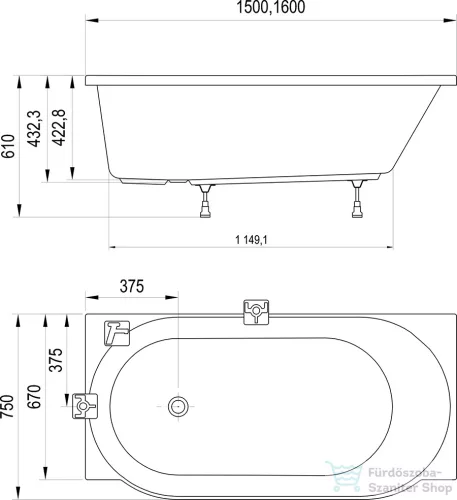 Ravak ARC 150x75 akrilkád, jobbos CE71000000