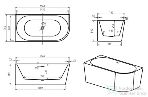 Niwell AVIORA L 150x75 cm falhoz illeszthető szabadon álló kád, balos, fehér COM-NW-KSZ-AVI-Lxxx