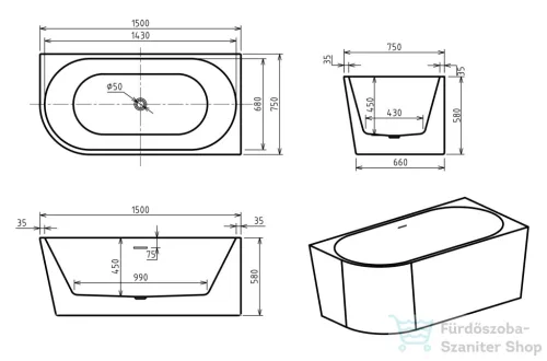 Niwell AVIORA R 150x75 cm falhoz illeszthető szabadon álló kád, jobbos, fehér COM-NW-KSZ-AVI-Rxxx