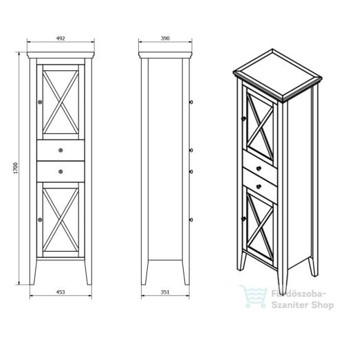 Sapho CROSS üveges állószekrény, 47x170x39cm, jobbos, antikolt fehér CR213