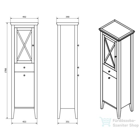 Sapho CROSS állószekrény szennyeskosárral, 47x170x39cm, balos, antikolt fehér CR216