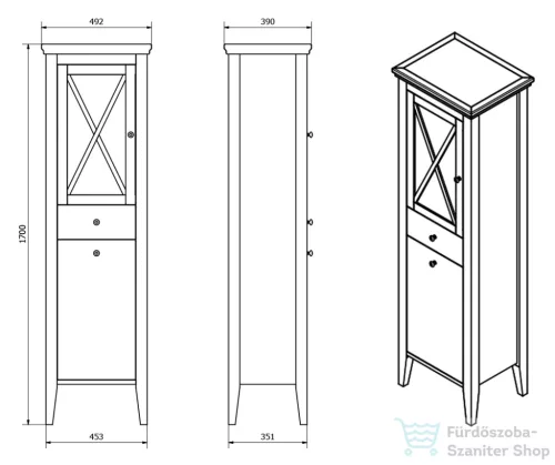 Sapho CROSS állószekrény szennyeskosárral, 47x170x39cm, balos, antikolt fehér CR216