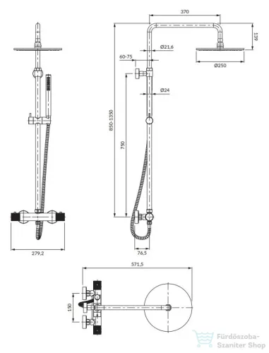 Omnires CONTOUR termosztátos zuhanyrendszer, szálcsiszolt antracit CT8044AT