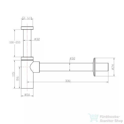 AQUALINE mosdó szifon szorító anyával, 1"1/4-32mm, réz/króm (CV1003)