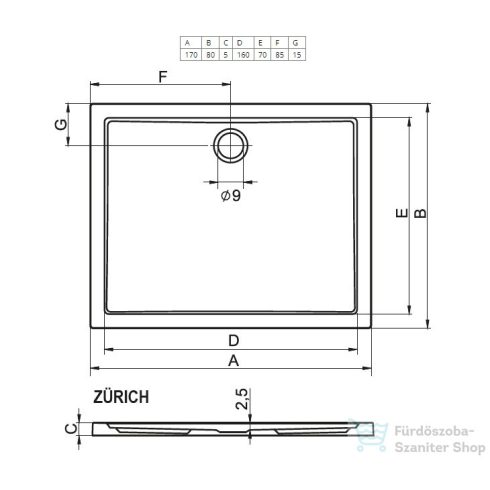 Riho Zürich 170x80x4,5 szögletes zuhanytálca 246