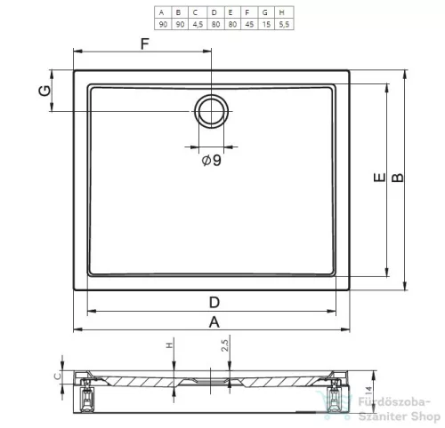 Riho Davos 90x90x14 szögletes zuhanytálca előlappal és lábbal 251