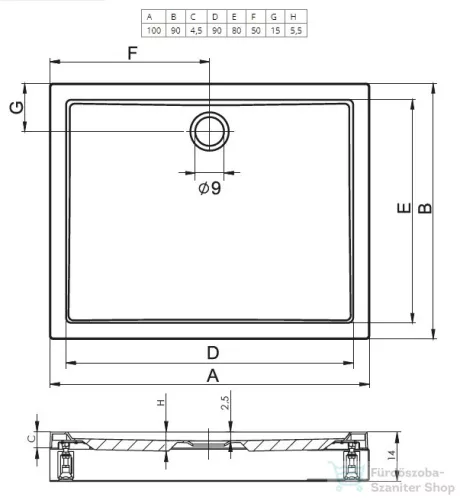 Riho Davos 100x90x14 szögletes zuhanytálca előlappal és lábbal 253