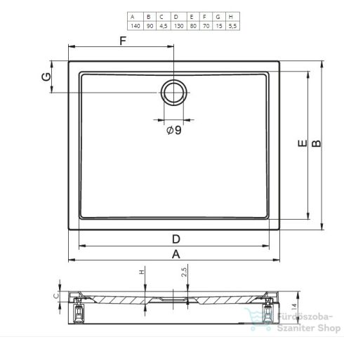 Riho Davos 140x90x14 szögletes zuhanytálca előlappal és lábbal 257